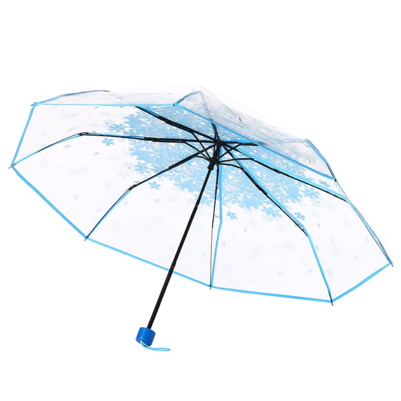 Blue Floral Cherry Blossom Transparent 3 Fold Unique Umbrella